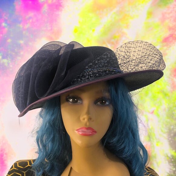 FISCHER Vintage Fancy Elegant Medium Brim Dark Navy Blue Hat Excellent Condition